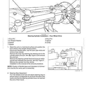 May include: Diagram of a steering cylinder removal process, showing various components like pivot pins, washers, and spacers. The image includes detailed instructions and labels for each part, essential for automotive repair and maintenance.