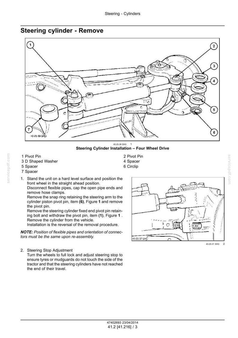 May include: Diagram of a steering cylinder removal process, showing various components like pivot pins, washers, and spacers. The image includes detailed instructions and labels for each part, essential for automotive repair and maintenance.