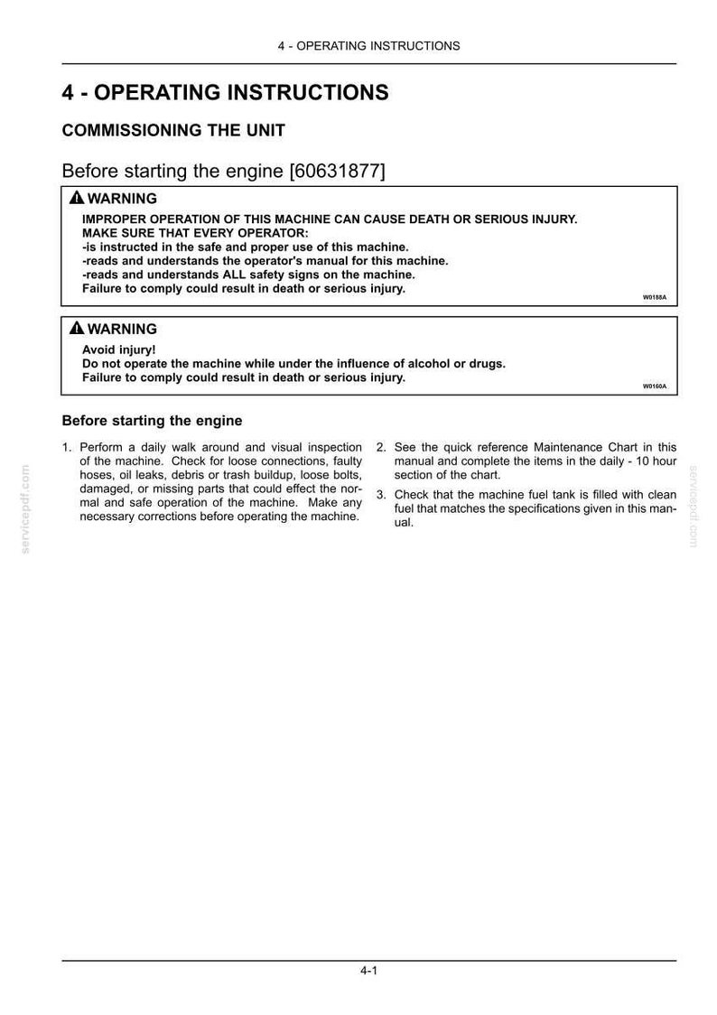 Op de afbeelding: Een pagina uit een handleiding. De titel luidt "4 - BEDIENINGSINSTRUCTIES" en "INBEDRIJFSTELLING VAN DE UNIT". De pagina bevat veiligheidswaarschuwingen en instructies voor het starten van de motor.