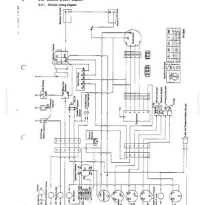 K&ouml;nnte beinhalten: Ein technisches schwarz-wei&szlig;es elektrisches Systemdiagramm mit dem Titel 6-3. Electric system diagram und 6-3-1. Electric wiring diagram. Das Schema zeigt verschiedene Komponenten, darunter Batterien, einen Generator, Z&uuml;ndschalter und Messger&auml;te.