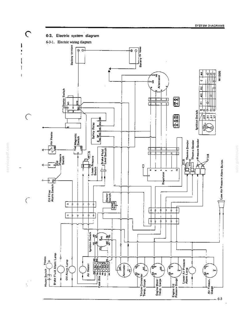 K&ouml;nnte beinhalten: Ein technisches schwarz-wei&szlig;es elektrisches Systemdiagramm mit dem Titel 6-3. Electric system diagram und 6-3-1. Electric wiring diagram. Das Schema zeigt verschiedene Komponenten, darunter Batterien, einen Generator, Z&uuml;ndschalter und Messger&auml;te.