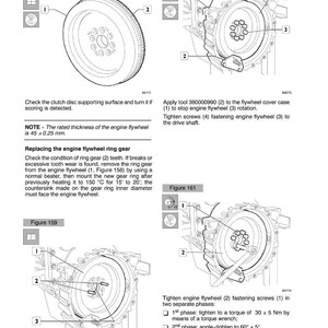 May include: Technical diagram of an engine flywheel overhaul, including figures 158, 159, 160, and 161. Instructions detail checking the clutch disc, replacing the ring gear, and tightening screws. Measurements are in millimeters.