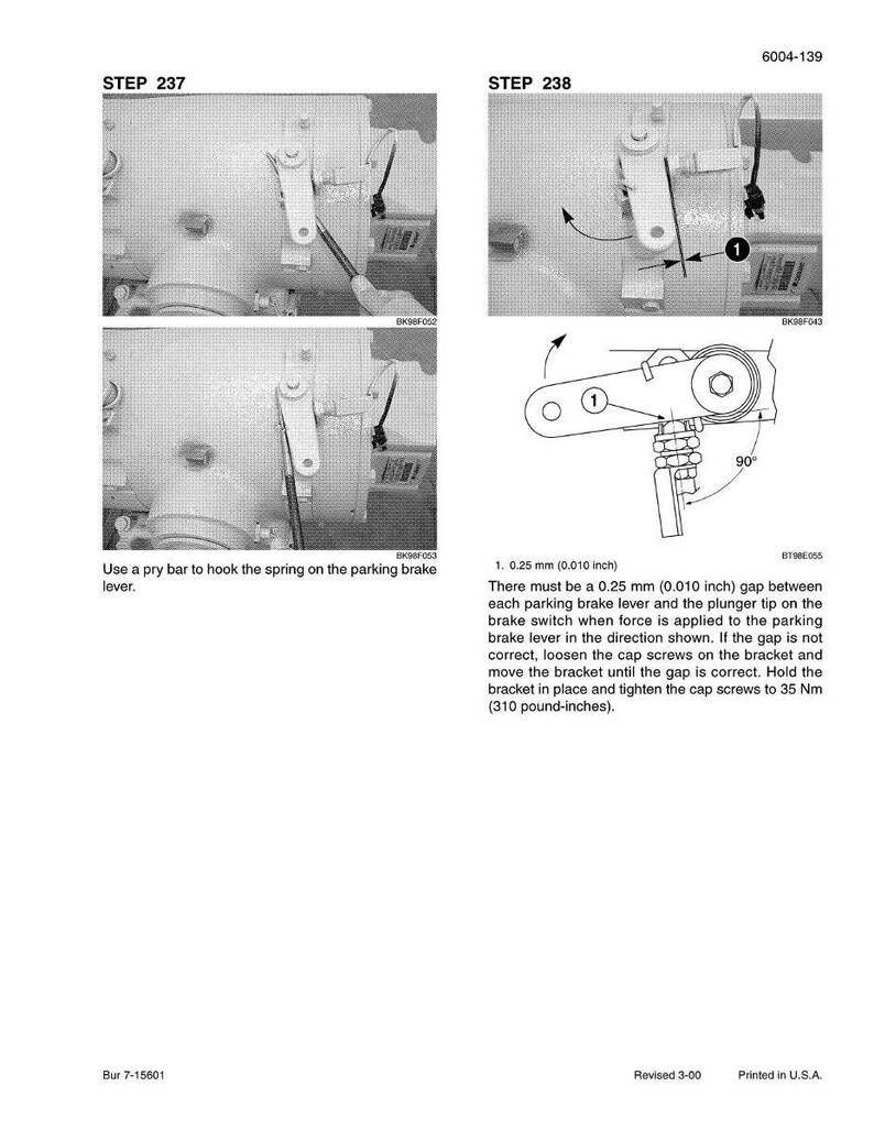May include: Technical diagram with steps 237 and 238, illustrating parking brake lever adjustment. Includes close-up photos and a detailed diagram with measurements in inches and Newton meters. Text instructions are provided for the procedure.