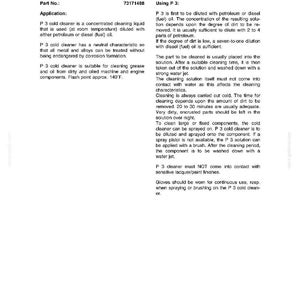May include: A page from a technical manual detailing P3 Cold Cleaner, a concentrated cleaning liquid. The text describes its application, dilution instructions, and safety precautions. The flash point is approximately 140&deg;F.