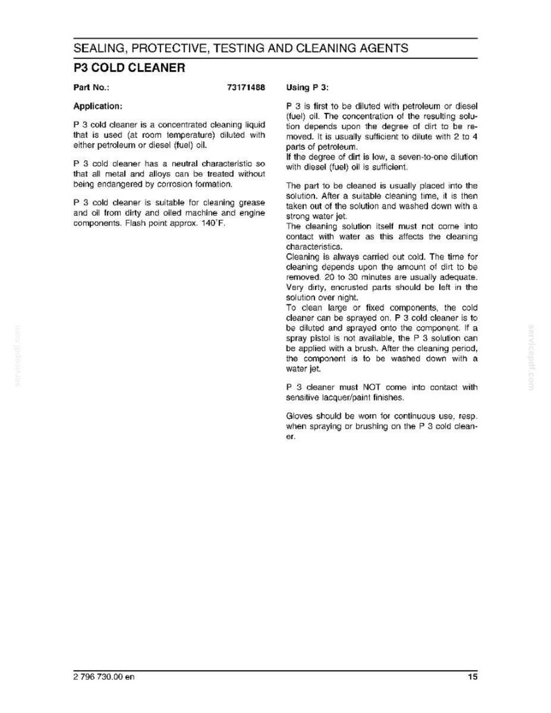 May include: A page from a technical manual detailing P3 Cold Cleaner, a concentrated cleaning liquid. The text describes its application, dilution instructions, and safety precautions. The flash point is approximately 140&deg;F.