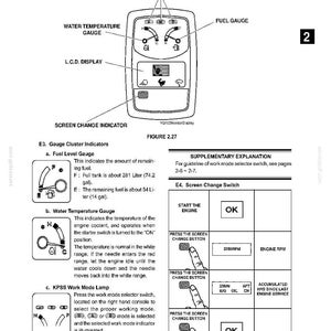 May include: A technical manual page titled MACHINE FAMILIARIZATION, FIGURE 2.27, showing a gauge cluster diagram with a water temperature gauge, fuel gauge, LCD display, and screen change indicator, plus tables explaining gauge indicators and screen functions.