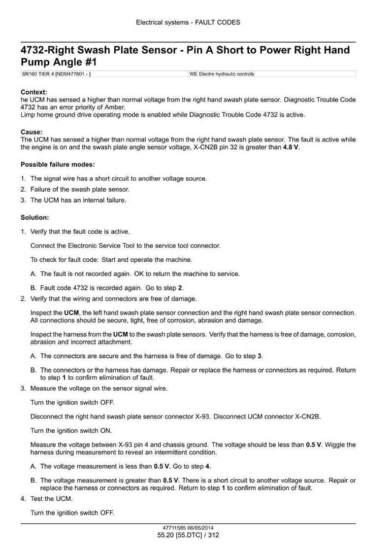 Op de afbeelding: Een technisch document over foutcode 4732, gerelateerd aan een swash plate sensor. Het bevat diagnostische stappen, mogelijke oorzaken en oplossingen voor de fout, evenals informatie over elektrische systemen.