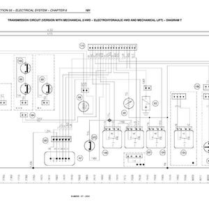 May include: A technical electrical schematic diagram titled SECTION 55 - ELECTRICAL SYSTEM - CHAPTER 6 181, TRANSMISSION CIRCUIT (VERSION WITH MECHANICAL 2/4WD - ELECTROHYDRAULIC 4WD AND MECHANICAL LIFT) - DIAGRAM T, featuring various symbols and lines.