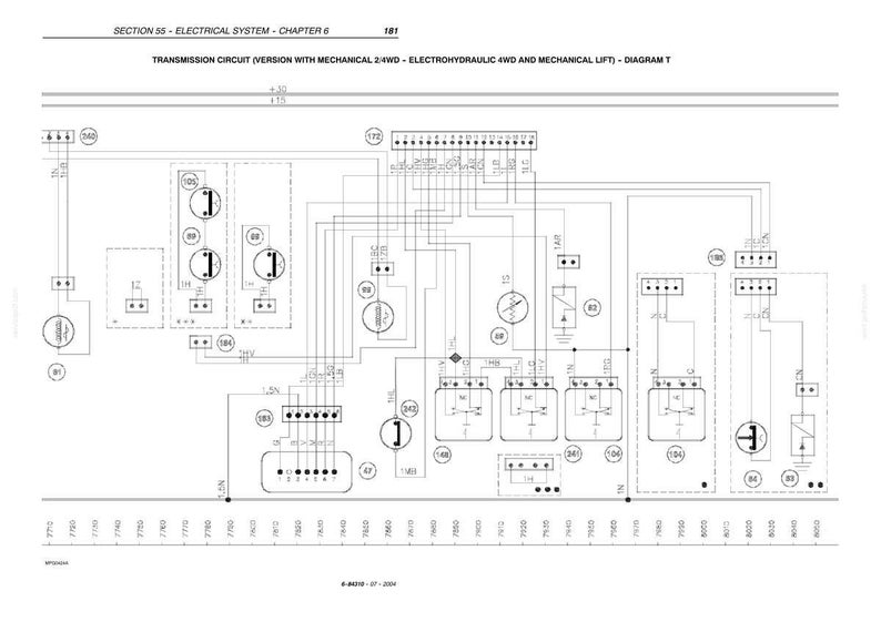 May include: A technical electrical schematic diagram titled SECTION 55 - ELECTRICAL SYSTEM - CHAPTER 6 181, TRANSMISSION CIRCUIT (VERSION WITH MECHANICAL 2/4WD - ELECTROHYDRAULIC 4WD AND MECHANICAL LIFT) - DIAGRAM T, featuring various symbols and lines.