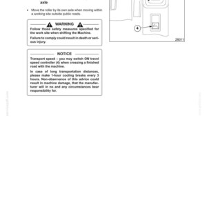 May include: A page from an operator's manual with text and diagrams. The text includes warnings and notices about machine transportation, including safety measures and speed controller instructions. A diagram shows a control panel.