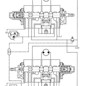Op de afbeelding: Een gedetailleerd technisch diagram van een hydraulisch systeem, met twee identieke schema's. De diagrammen zijn in zwart-wit, met ingewikkelde interne componenten, kleppen en vloeistofpaden. De linkerbovenhoek toont het "Poclain"-logo en het modelnummer.
