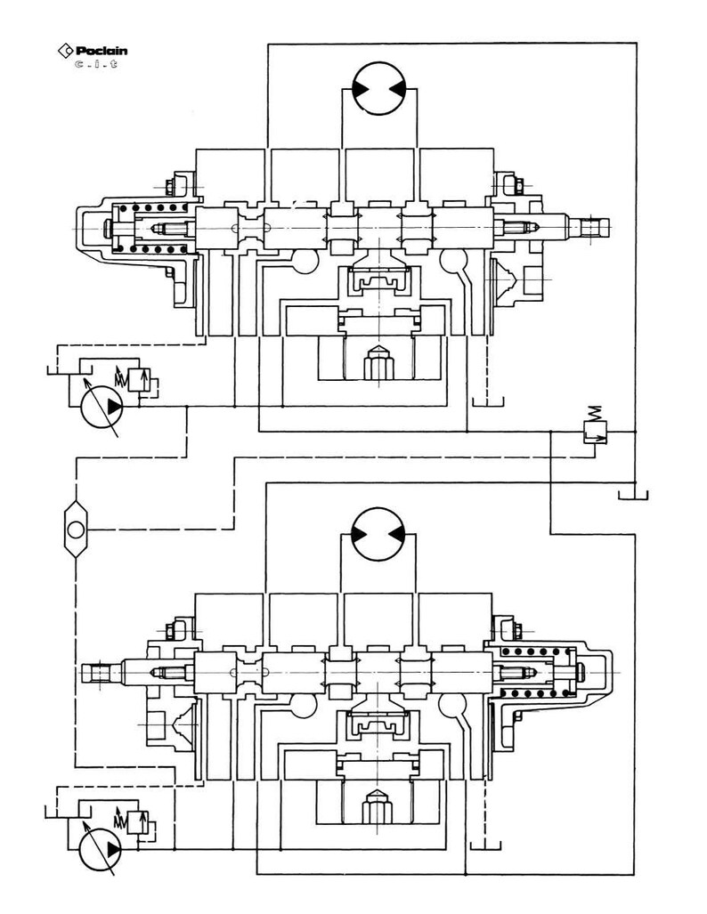 Op de afbeelding: Een gedetailleerd technisch diagram van een hydraulisch systeem, met twee identieke schema's. De diagrammen zijn in zwart-wit, met ingewikkelde interne componenten, kleppen en vloeistofpaden. De linkerbovenhoek toont het "Poclain"-logo en het modelnummer.