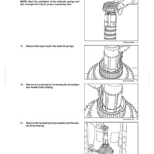 May include: Diagram of a transmission Powershift assembly process. The image shows step-by-step instructions for removing parts, including springs, snap rings, and bearing washers. Text instructions accompany each step.