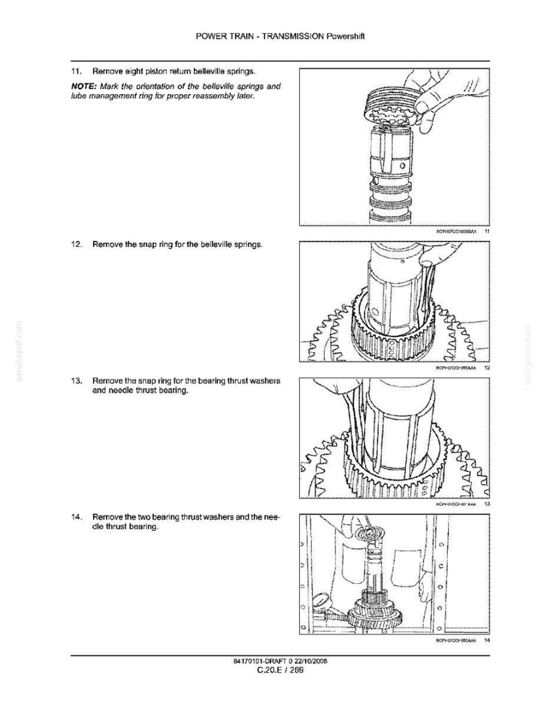 May include: Diagram of a transmission Powershift assembly process. The image shows step-by-step instructions for removing parts, including springs, snap rings, and bearing washers. Text instructions accompany each step.