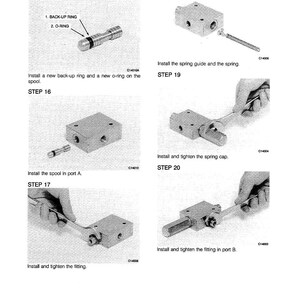 Op de afbeelding: Technische tekening met stapsgewijze instructies voor hydraulische systeemcomponenten. Bevat afbeeldingen van O-ringen, spoelen en fittingen. Tekst bevat "Smeer alle onderdelen met schone hydraulische olie."