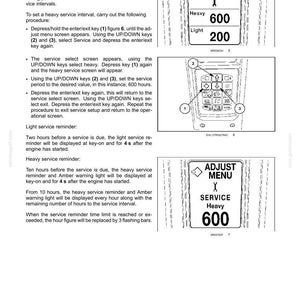 May include: A technical manual page titled 3-CONTROLS AND INSTRUMENTS detailing service reminder settings. It includes diagrams of a digital display showing 8.4, 600, and 200 values, a keypad with numbered buttons 1, 2, and 3, and an ADJUST MENU screen.