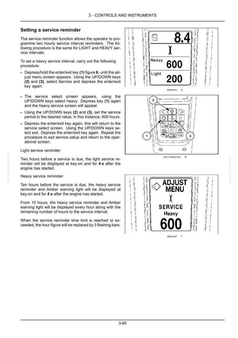 May include: A technical manual page titled 3-CONTROLS AND INSTRUMENTS detailing service reminder settings. It includes diagrams of a digital display showing 8.4, 600, and 200 values, a keypad with numbered buttons 1, 2, and 3, and an ADJUST MENU screen.