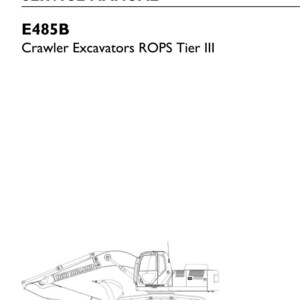 May include: A white service manual cover for the New Holland E485B Crawler Excavators ROPS Tier III. The text reads SERVICE MANUAL, E485B, Crawler Excavators ROPS Tier III, Print no. 84392440A, 1st Edition, English 12/10, and New Holland Construction.