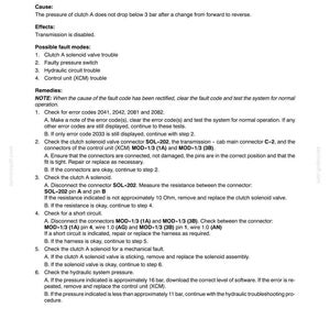 May include: A page from a manual detailing error code 2033, related to clutch pressure. The text explains causes, effects, and troubleshooting steps, including checking solenoid valves, connectors, and hydraulic pressure. The document includes diagrams and technical specifications.