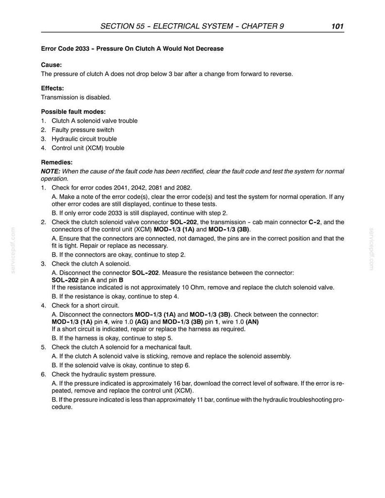 May include: A page from a manual detailing error code 2033, related to clutch pressure. The text explains causes, effects, and troubleshooting steps, including checking solenoid valves, connectors, and hydraulic pressure. The document includes diagrams and technical specifications.