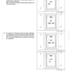 May include: A technical manual page titled 7-MAINTENANCE showing four digital display screens labelled TCU. The screens show text including c1f, 20, 220 mA, * c1f, 264 mA, and * c1f, 31. The document provides instructions for tractor transmission calibration.