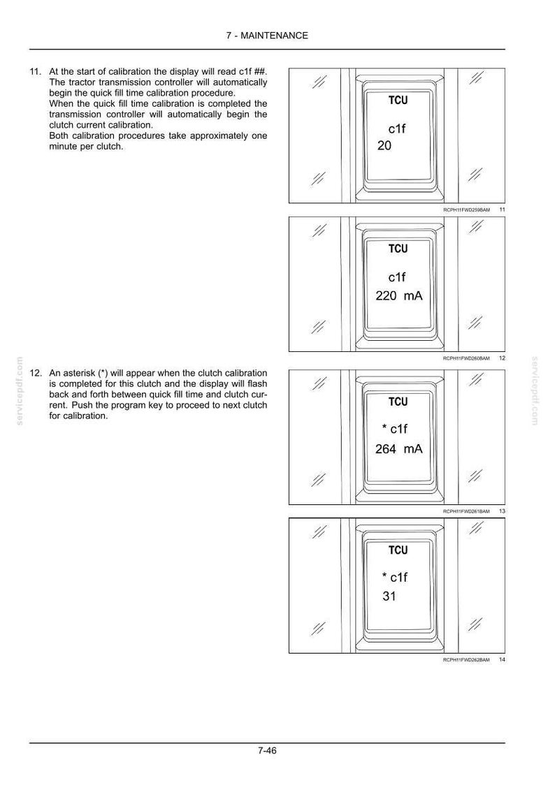 May include: A technical manual page titled 7-MAINTENANCE showing four digital display screens labelled TCU. The screens show text including c1f, 20, 220 mA, * c1f, 264 mA, and * c1f, 31. The document provides instructions for tractor transmission calibration.