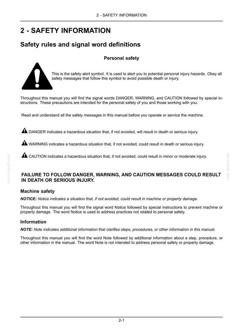 May include: A page from a manual titled "Safety Information" with safety rules and definitions. Includes the safety alert symbol, and definitions for DANGER, WARNING, CAUTION, and NOTICE. Text is in black on a white background.