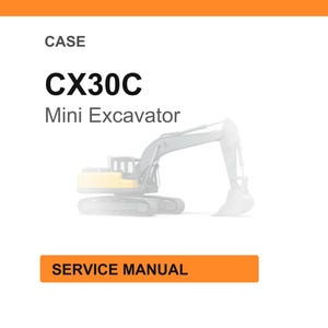 May include: A white background with an orange header and footer. The text "CASE" is above the bold text "CX30C Mini Excavator". A faded illustration of a mini excavator is below the text. The orange rectangle at the bottom reads "SERVICE MANUAL".