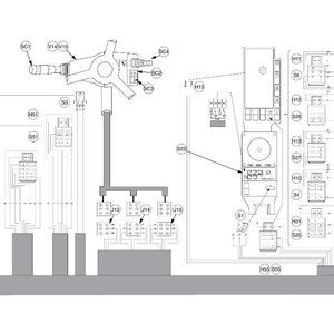 K&ouml;nnte beinhalten: Detaillierte technische Zeichnung in Schwarzwei&szlig;, die ein komplexes Netzwerk aus Leitungen, Steckern und Komponenten zeigt. Die Illustration zeigt verschiedene Formen und Beschriftungen, wahrscheinlich f&uuml;r elektrische oder mechanische Systeme.
