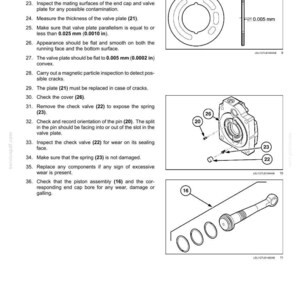 May include: Diagram of a hydraulic system with a variable displacement pump. The image includes detailed illustrations of valve plates, springs, and piston assemblies, with measurements in inches and millimeters. Text provides instructions for inspection and maintenance.