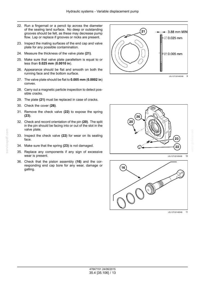 May include: Diagram of a hydraulic system with a variable displacement pump. The image includes detailed illustrations of valve plates, springs, and piston assemblies, with measurements in inches and millimeters. Text provides instructions for inspection and maintenance.