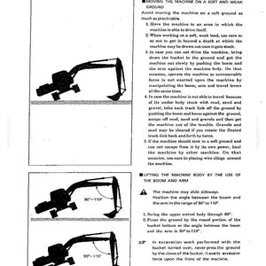May include: A technical manual page featuring black and white line drawings of an excavator. The diagrams illustrate procedures for moving the machine on soft ground and lifting the body using the boom and arm, with angles marked 90 to 110 degrees.