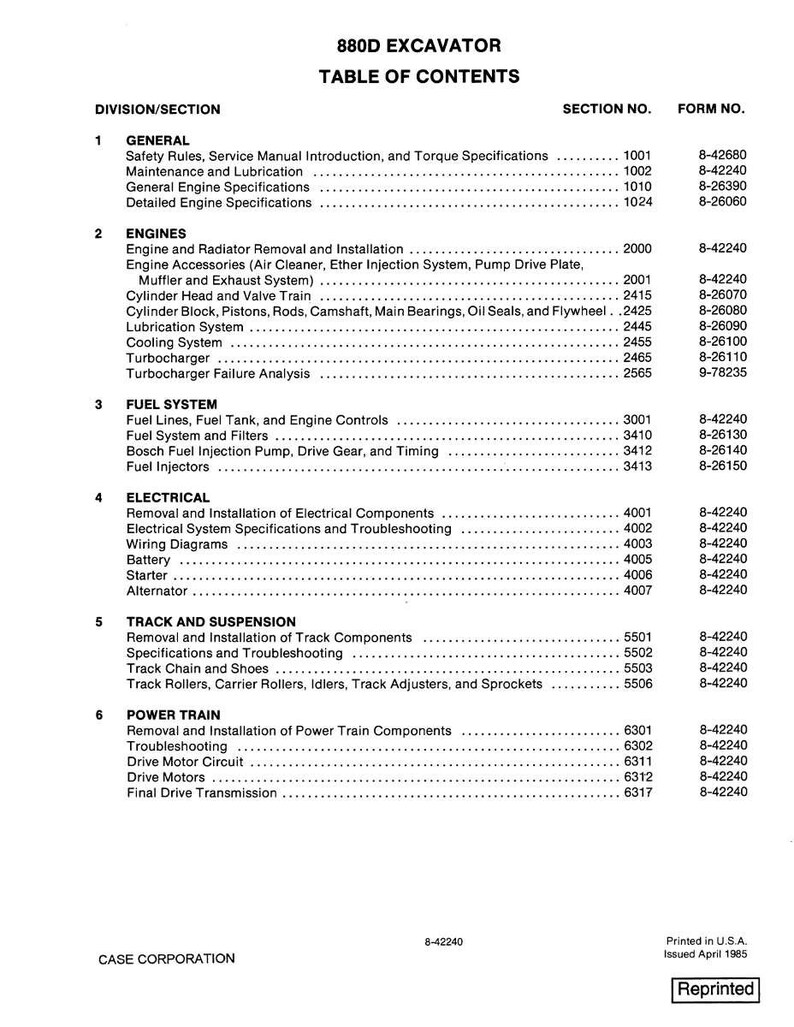 May include: A printed table of contents for the 880D Excavator, listing divisions, sections, and form numbers. The document is from Case Corporation and was printed in the USA in April 1985.