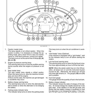 May include: A technical diagram of an electronic engine instrument cluster featuring a central speedometer, fuel gauge, battery charge indicator, and various numbered warning lamps labeled 1 through 15, with descriptive text below the illustration.