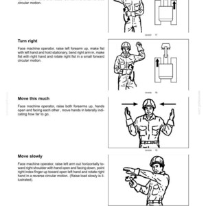 May include: A technical manual page titled 6 - WORKING OPERATIONS featuring four black and white line art illustrations of a person in a hard hat demonstrating hand signals for Turn left, Turn right, Move this much, and Move slowly for machinery.