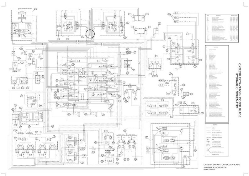May include: A detailed engineering schematic of a CX225SR excavator dozer blade hydraulic system. The diagram is in black and white, featuring numerous interconnected lines, circles, and symbols. Text on the right side lists components. The title reads "CX225SR EXCAVATOR - DOZER BLADE HYDRAULIC SCHEMATIC."