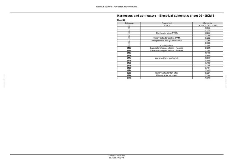 May include: An electrical schematic sheet titled "Harnesses and connectors - Electrical schematic sheet 26 - SCM 2." The sheet contains a table with reference numbers, component names, and connector details. The text is in black on a white background.