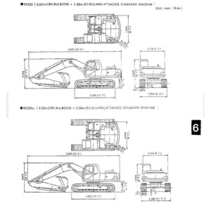May include: A technical document page titled CHAPTER 6. REFERENCE DOCUMENTS showing black and white line drawings of SK220 and SK220LC excavators. The diagrams include top, side, and front views with detailed dimensions in millimeters and feet-inches.