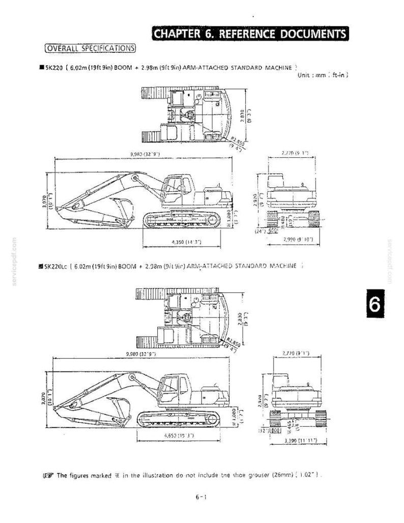 May include: A technical document page titled CHAPTER 6. REFERENCE DOCUMENTS showing black and white line drawings of SK220 and SK220LC excavators. The diagrams include top, side, and front views with detailed dimensions in millimeters and feet-inches.