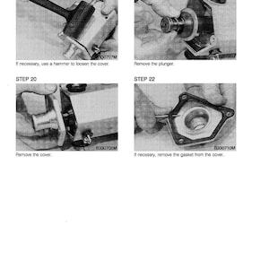 Peut inclure: Un diagramme technique en noir et blanc avec quatre &eacute;tapes num&eacute;rot&eacute;es de 19 &agrave; 22. L'&eacute;tape 19 montre un marteau desserrant un couvercle. L'&eacute;tape 20 montre le retrait du couvercle. L'&eacute;tape 21 montre le retrait d'un plongeur. L'&eacute;tape 22 montre le retrait d'un joint.