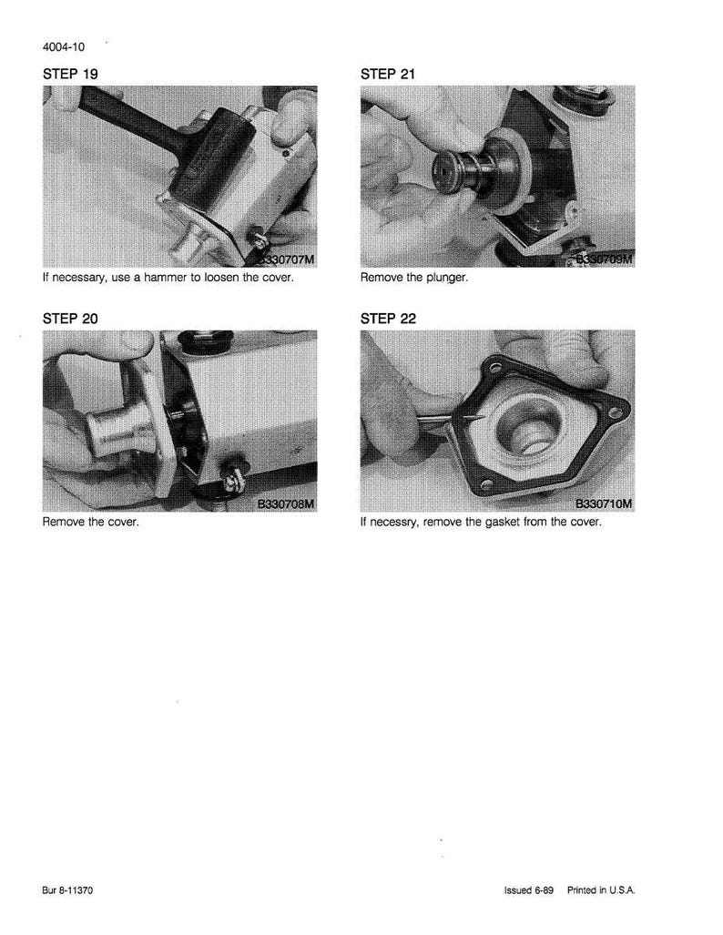 Peut inclure: Un diagramme technique en noir et blanc avec quatre &eacute;tapes num&eacute;rot&eacute;es de 19 &agrave; 22. L'&eacute;tape 19 montre un marteau desserrant un couvercle. L'&eacute;tape 20 montre le retrait du couvercle. L'&eacute;tape 21 montre le retrait d'un plongeur. L'&eacute;tape 22 montre le retrait d'un joint.