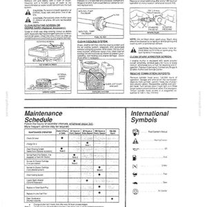May include: A black and white technical document page titled Maintenance, featuring instructional diagrams for engine care, including fuel filter replacement, spark plug gapping, and cooling system cleaning, alongside a maintenance schedule table.