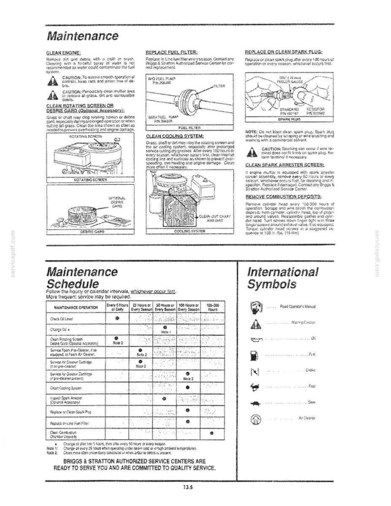 May include: A black and white technical document page titled Maintenance, featuring instructional diagrams for engine care, including fuel filter replacement, spark plug gapping, and cooling system cleaning, alongside a maintenance schedule table.