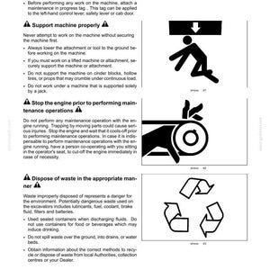 May include: Page from a manual with safety information. Includes warning symbols for machine operation, including a person with a downward arrow, a hand with a belt, and a recycling symbol. Text details safety procedures.