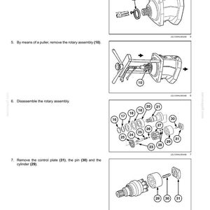 May include: Diagram of a hydraulic travel system, illustrating the disassembly process. Includes labeled components such as seal rings, rotary assemblies, control plates, pins, and cylinders. The image is a technical illustration.