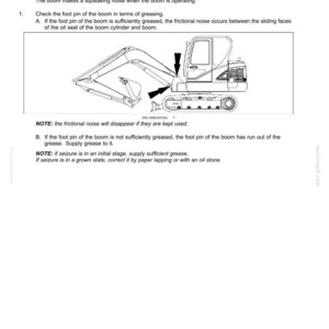 May include: Diagram of a boom hydraulic system with troubleshooting instructions. The text describes how to address a squeaking noise, focusing on greasing the foot pin and addressing potential seizure issues. Includes a diagram of the system.