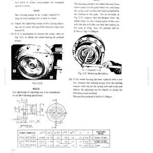 May include: A technical manual page featuring black and white diagrams of a wheel bearing assembly, a spring scale measurement setup, and a cross-section technical drawing with a corresponding parts table for models including LK300 and LK400.