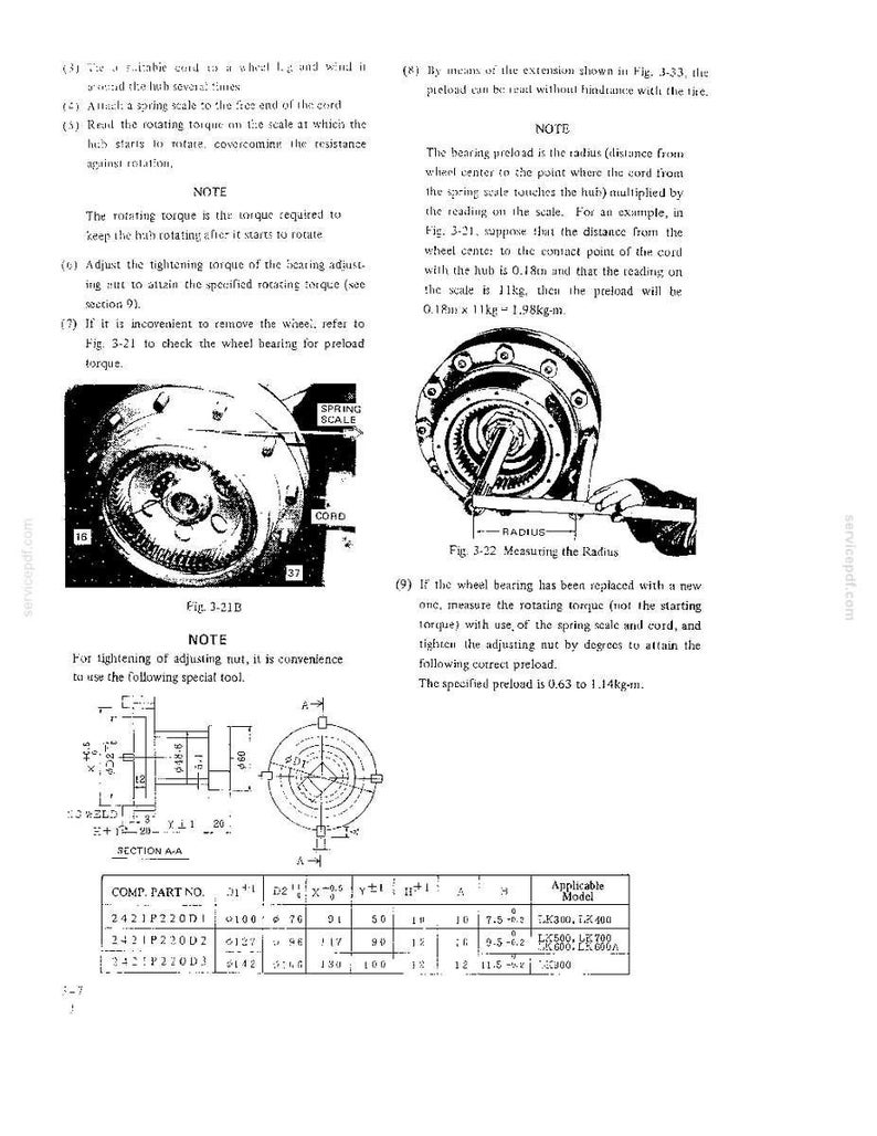 May include: A technical manual page featuring black and white diagrams of a wheel bearing assembly, a spring scale measurement setup, and a cross-section technical drawing with a corresponding parts table for models including LK300 and LK400.