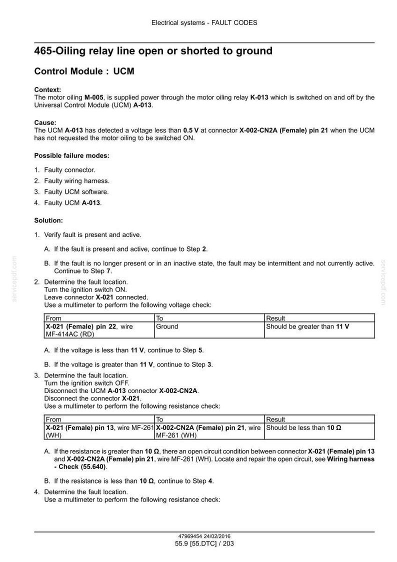 May include: Technical document detailing fault codes for electrical systems, focusing on the 465-Oiling relay line. Includes troubleshooting steps, voltage checks, and resistance measurements for automotive repair.