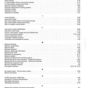 May include: A black and white index page from a technical manual, organized alphabetically from G to P. The text lists various machine maintenance, safety, and operational topics, each followed by a corresponding page number for reference.